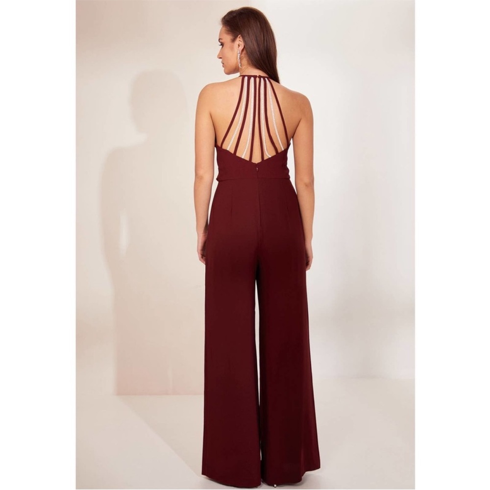 REISS Strappy Back Kadie Embroidered V Neck Jumpsuit Burgundy Red Size 4